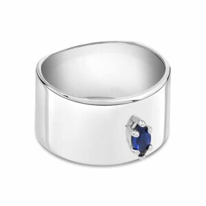 Wide Silver Band Ring w/Marquise Sapphire Blue Gemstone